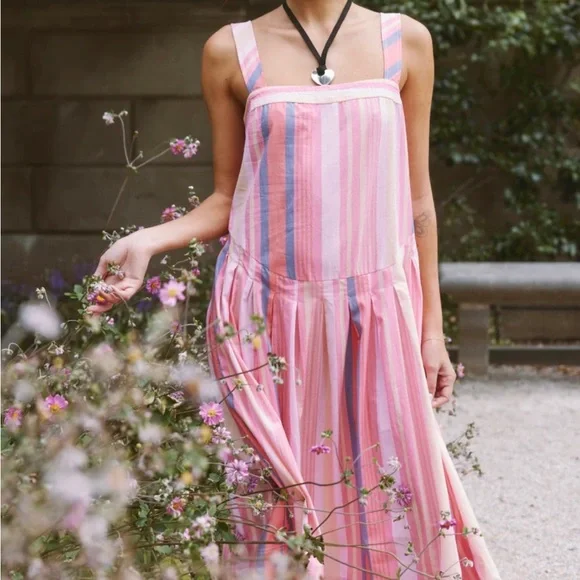 Free People Primavera Striped Midi Dress Strawberry Combo